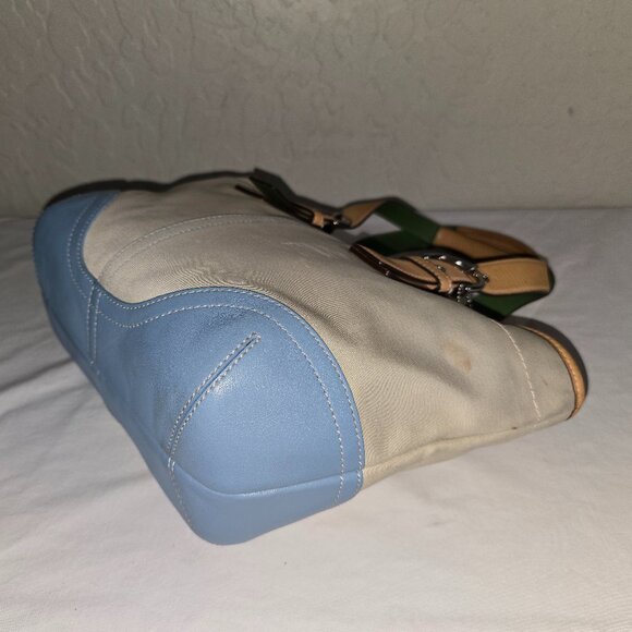 VTG COACH Hamptons Soho Daisy Cabriolet Canvas W/ Blue & Green Leather Tote 4428 - Picture 14 of 15